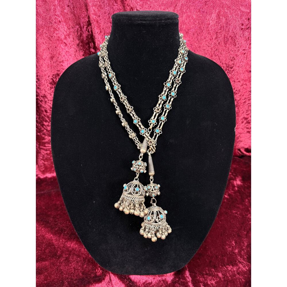 Vintage Tribal Statement Necklace – Turquoise Accent Jhumka Tassel Adornment